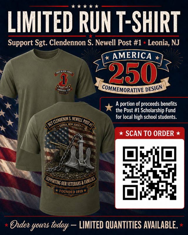 Limited Run Post #1 America 250 commemorative t-shirt, front and back design.